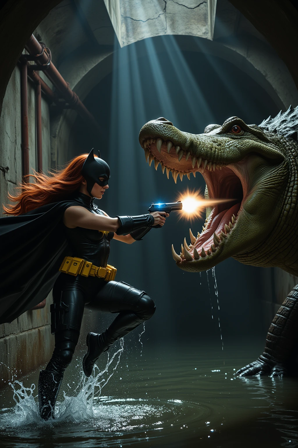 Batgirl vs Giant Crocodile in Sewer