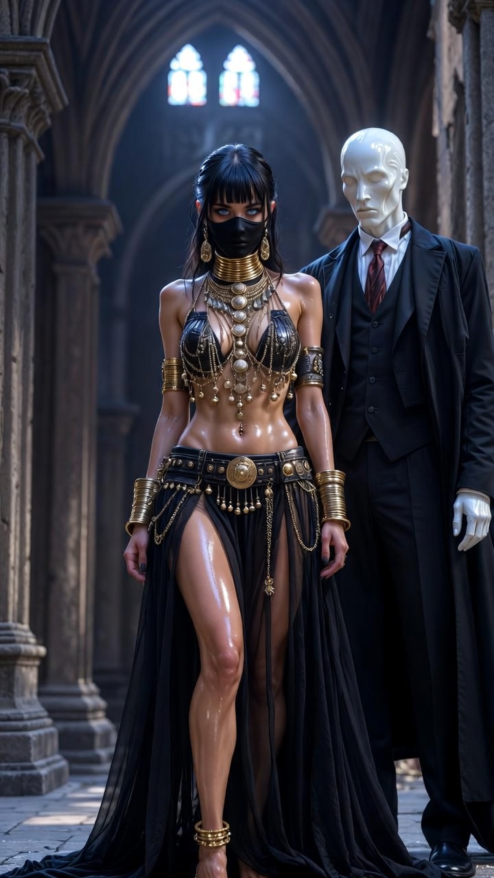 Veiled Temptress and the Faceless Tuxedo Sentinel