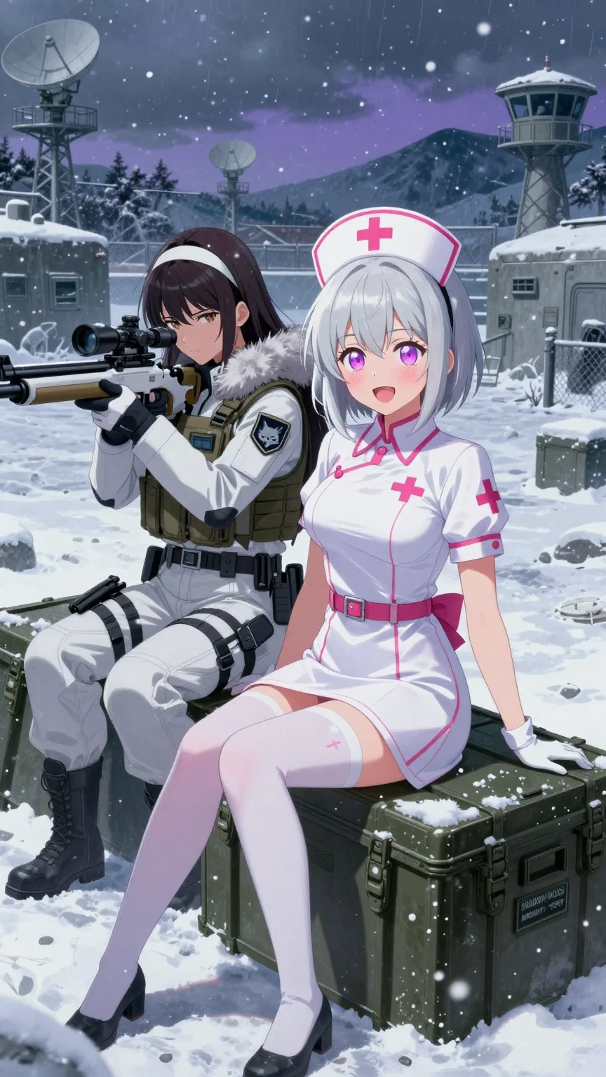 Nurse and Sniper Girls in Snowy Military Base