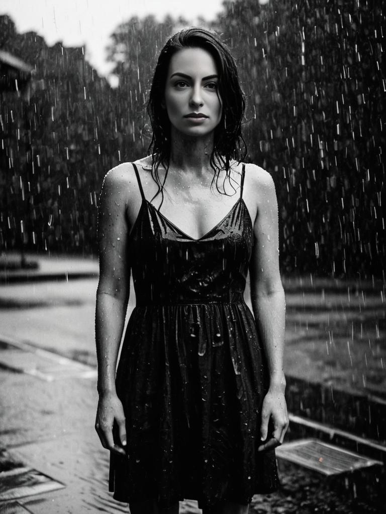 Brunette Drenched in Black Dress: Moody Rainy Night Portrait