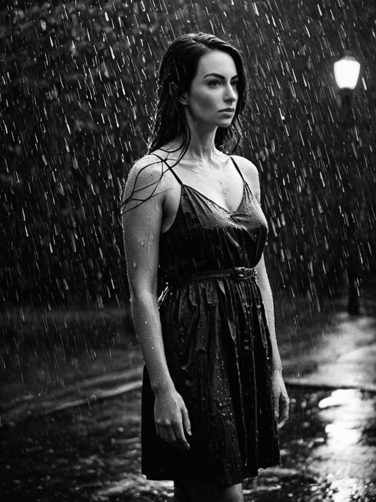 Brunette Drenched in Black Dress: Moody Rainy Night Portrait