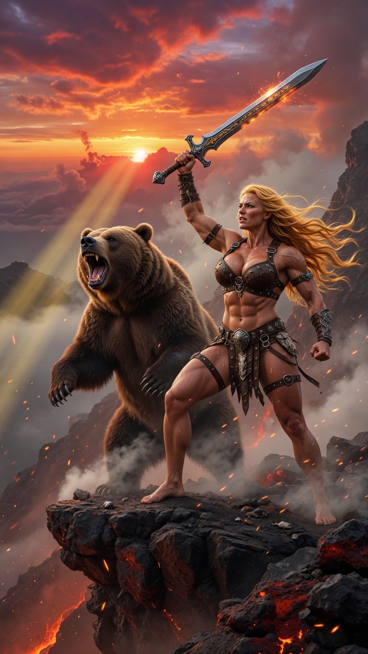 Blonde Barbarian Warrior Faces Roaring Bear at Sunset