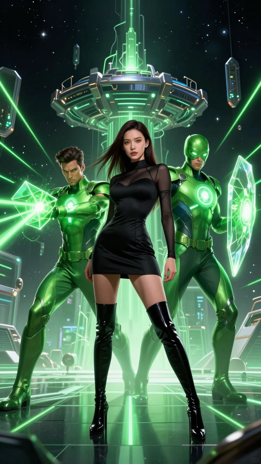 Neon Guardian and Seductive Muse in Sci-Fi Realm