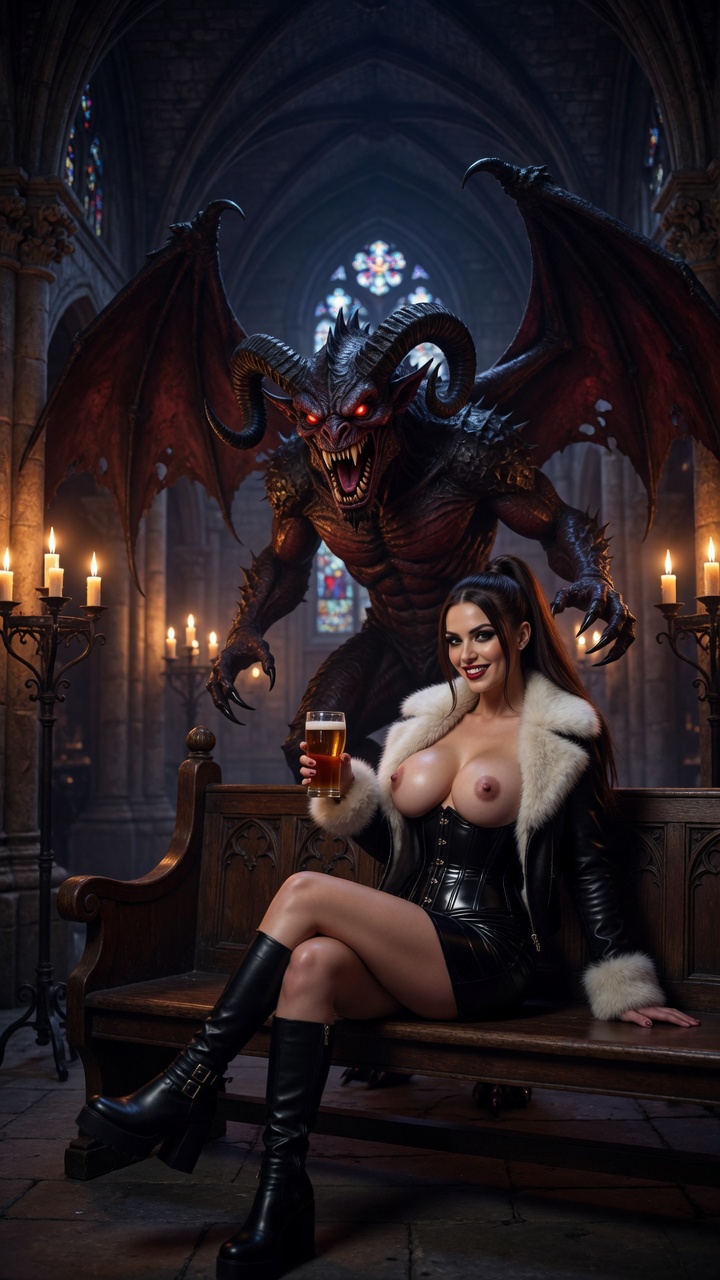 Brunette with Demon in Gothic Cathedral