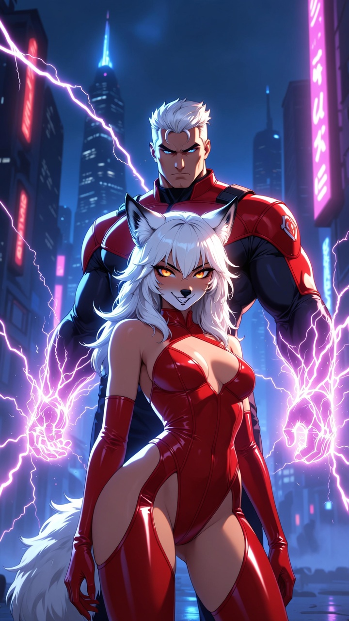 Cyberpunk Wolf Femme and Electric Superhuman Alliance