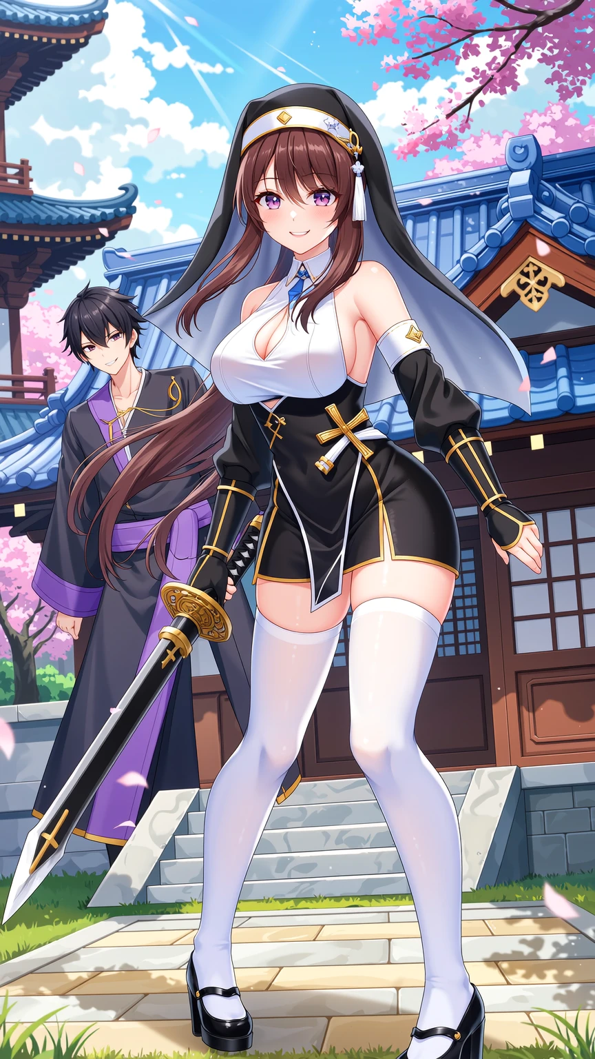Seductive Nun and Samurai in Cherry Blossoms