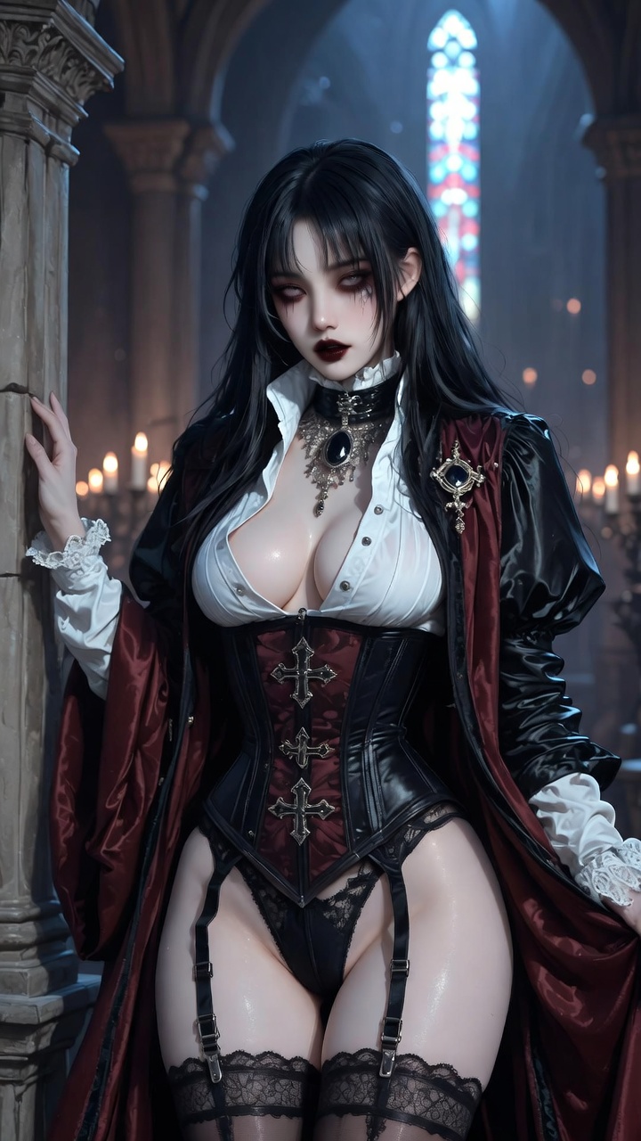 Gothic Seductress in Laced Corset & Cape