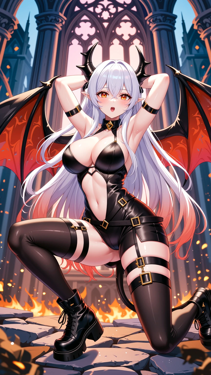 Silver Demoness Posing in Burning Cathedral