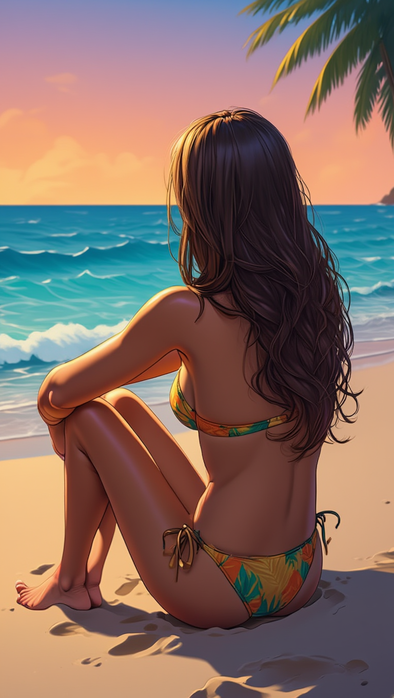 Golden Sunset Siren Walking Along Tropical Shore