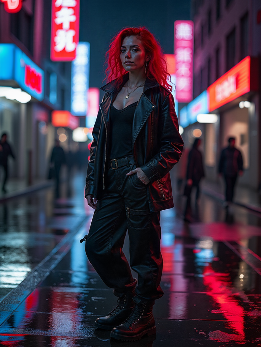 Neon Night Street Portraits with Red-Haired Cyberpunk Mood
