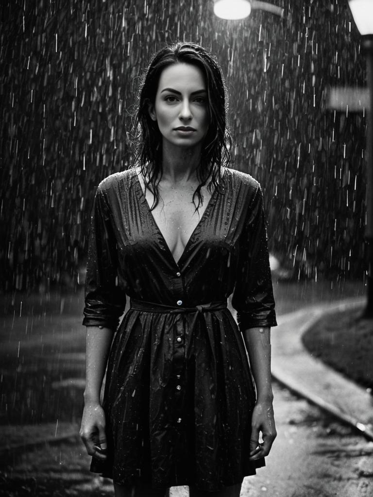 Brunette Drenched in Black Dress: Moody Rainy Night Portrait