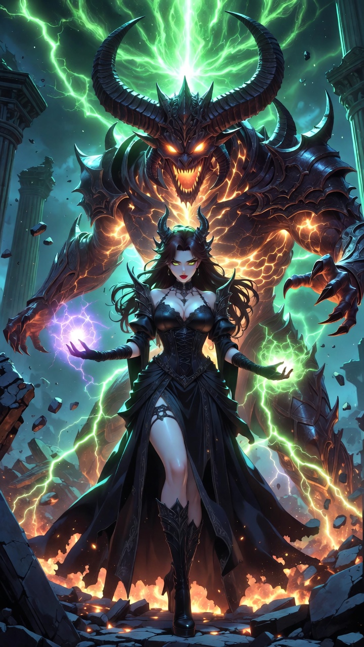 Sorceress Wielding Chaos Before Infernal Colossus