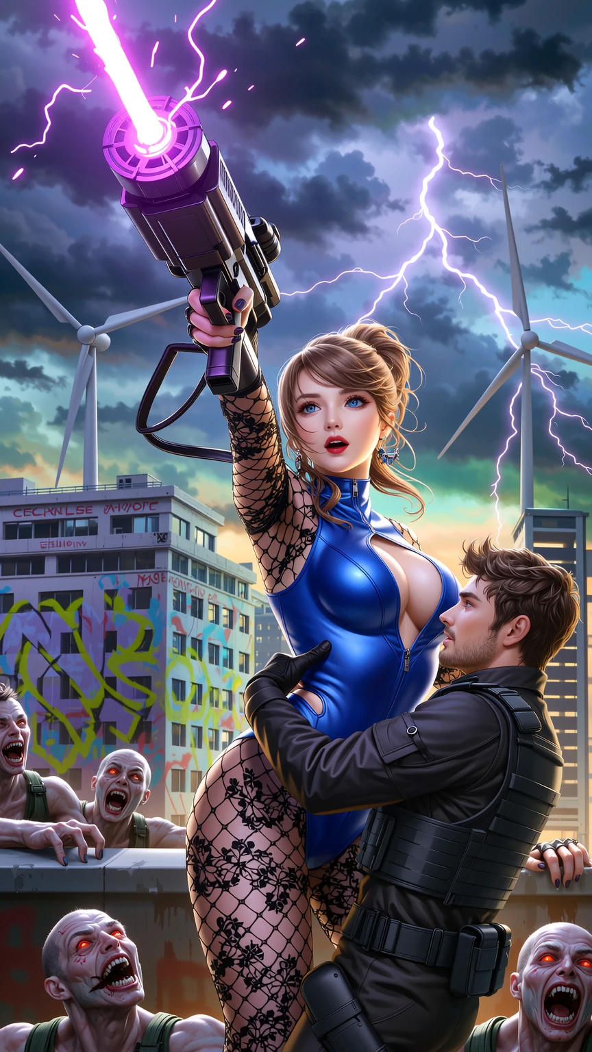 Blue Bodysuit Heroine Fights Zombies with Energy Gun