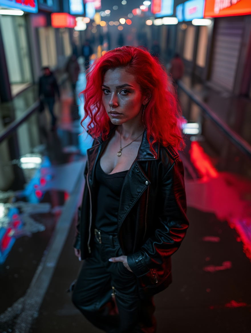 Neon Night Street Portraits with Red-Haired Cyberpunk Mood