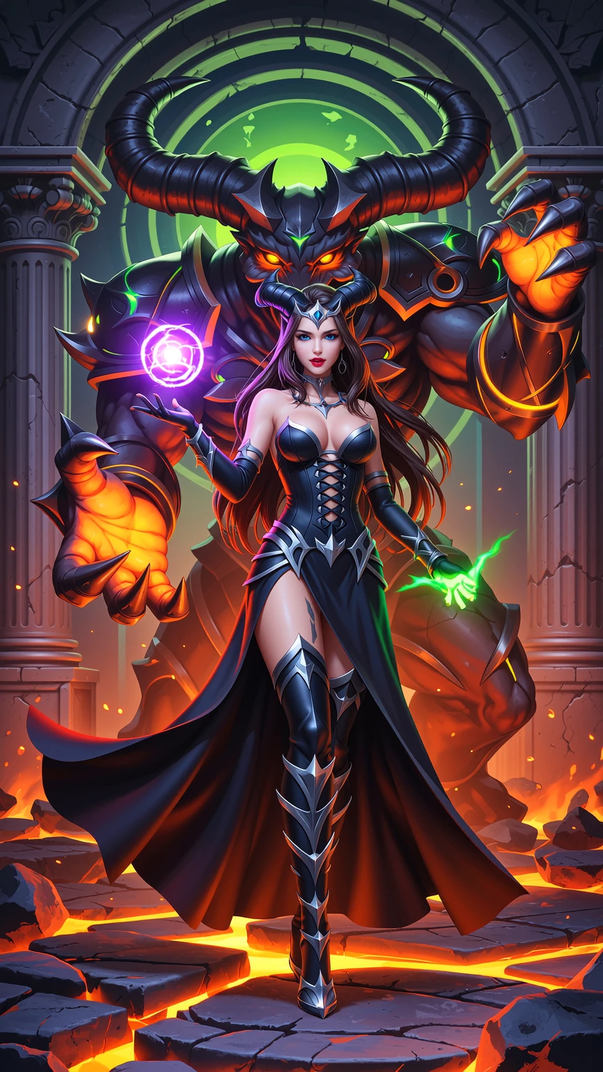 Sorceress Wielding Chaos Before Infernal Colossus