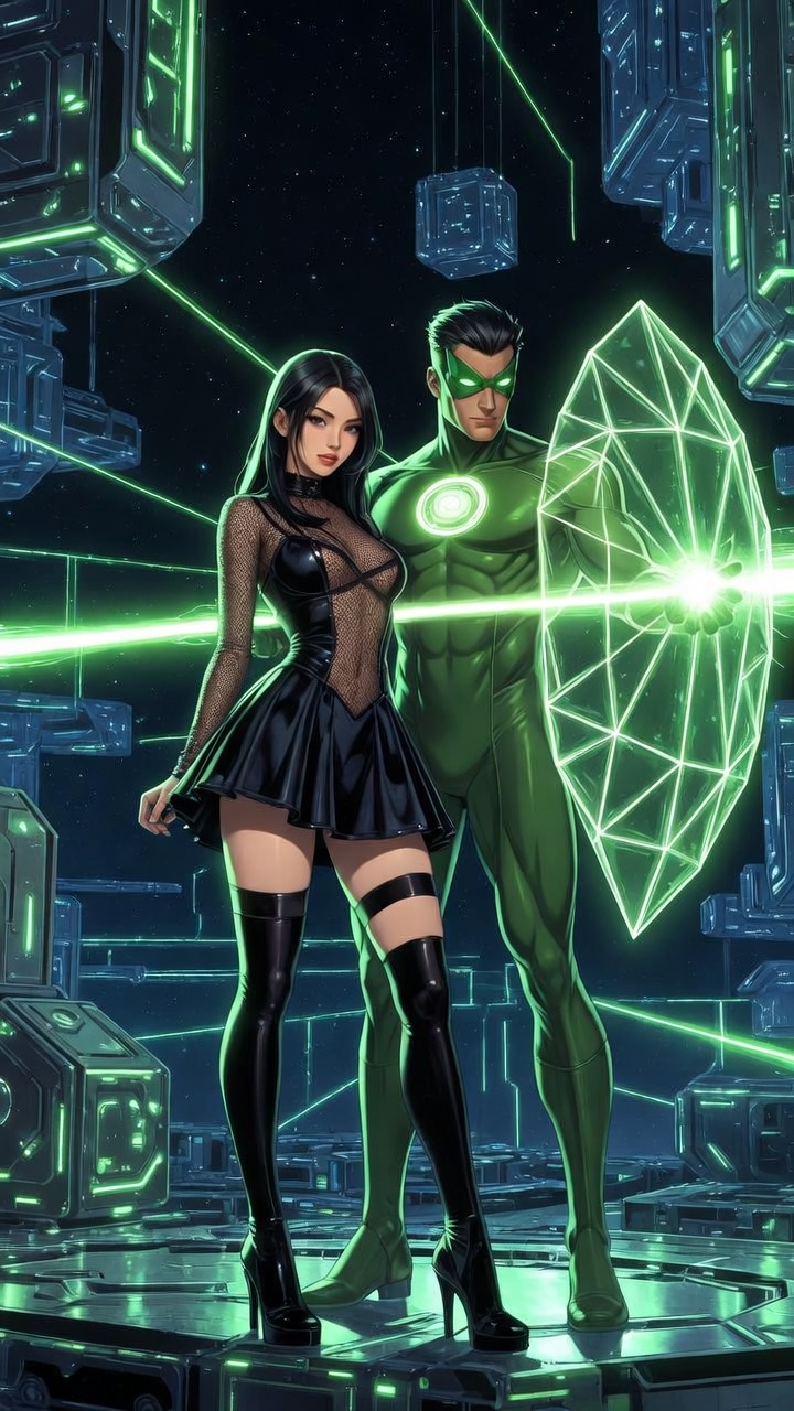 Neon Guardian and Seductive Muse in Sci-Fi Realm