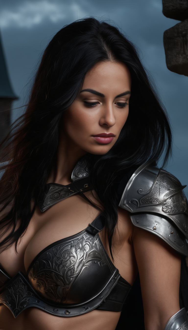 Armored Warrior Woman Standing Within Medieval Fortress