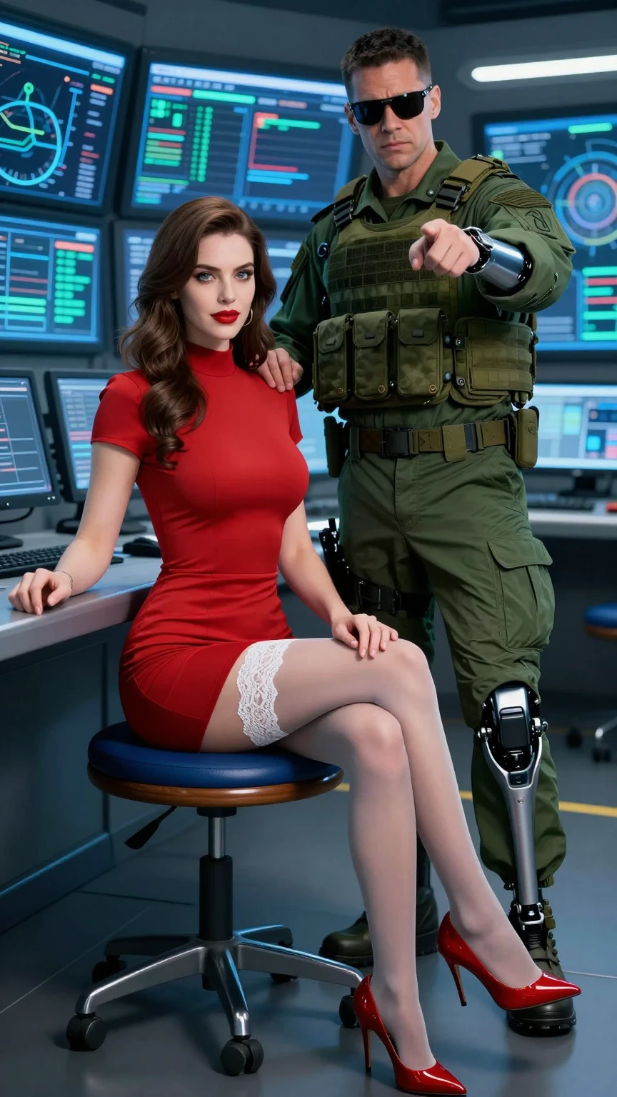 Brunette in Red Dress with Military Officer in Command Center