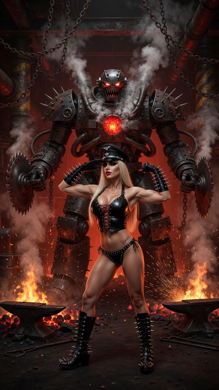 Blonde in Leather with Giant War Robot