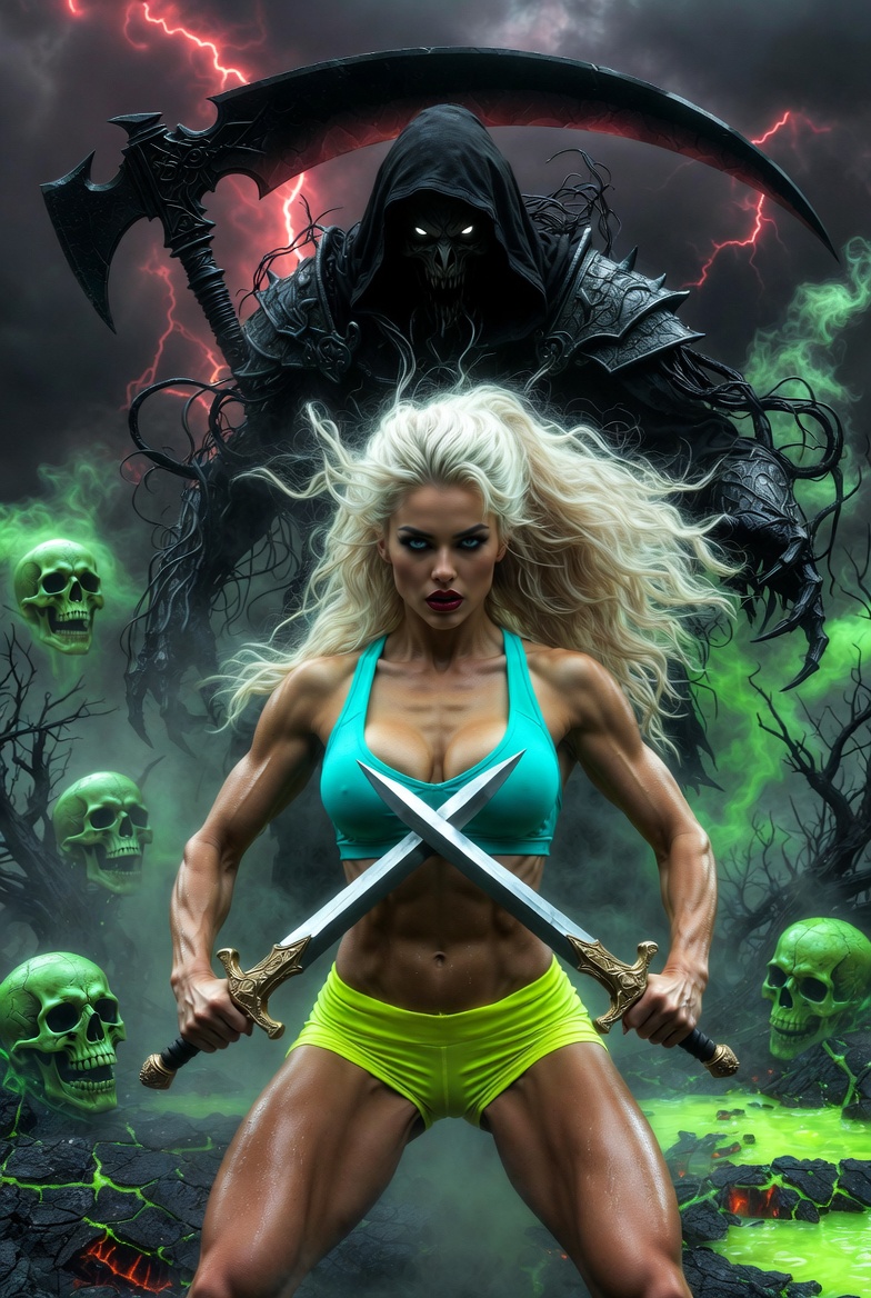 Blonde Warrior Facing Shadow Reaper in Hellscape