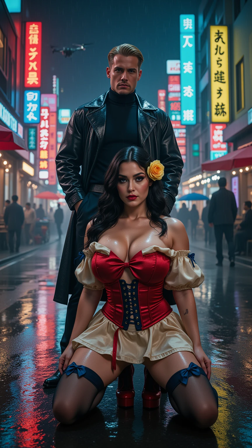 Neon Rain Seduction – Corset & Trenchcoat