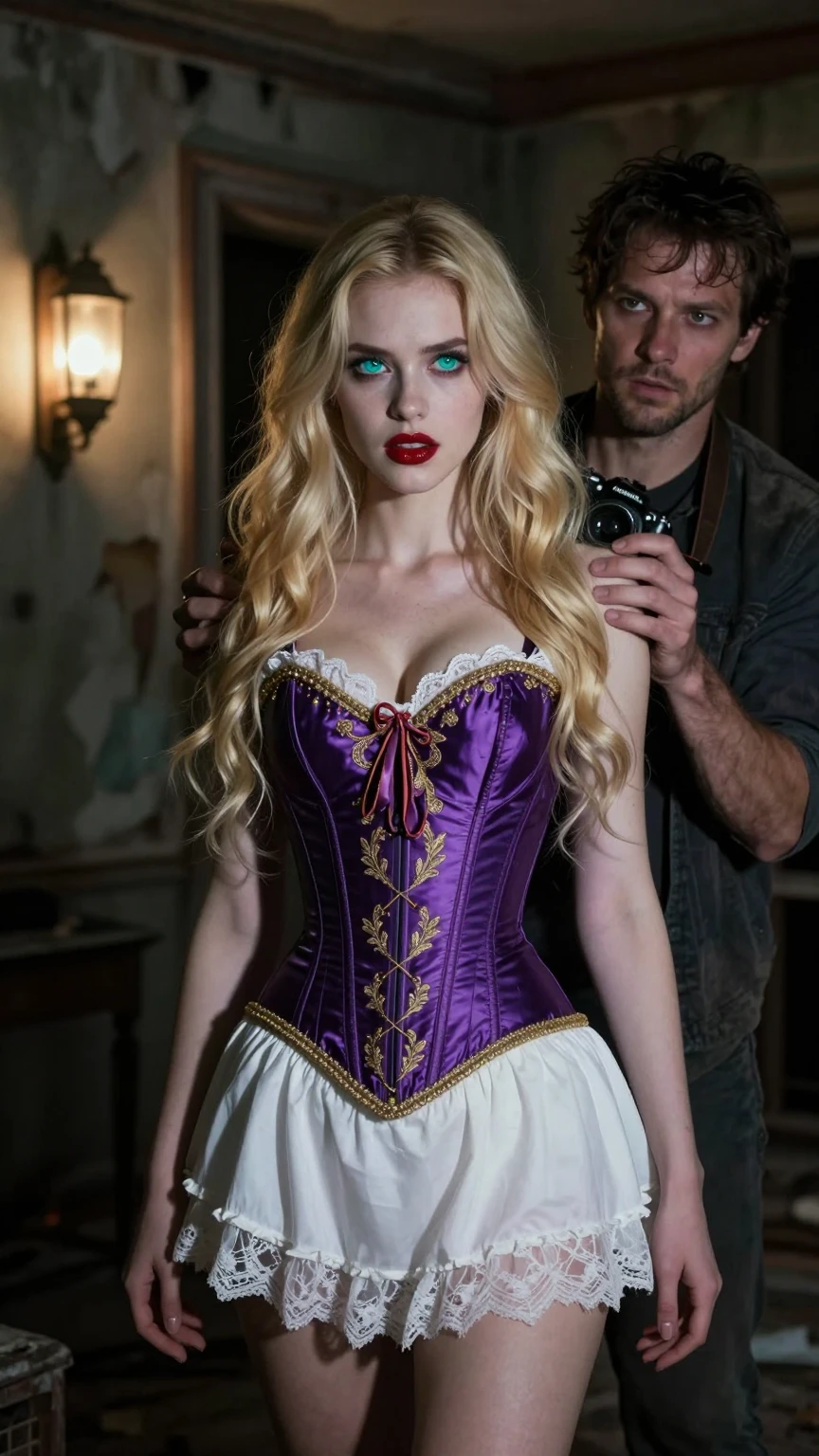 Glowing Eyes Beauty in Haunted House with Photographer