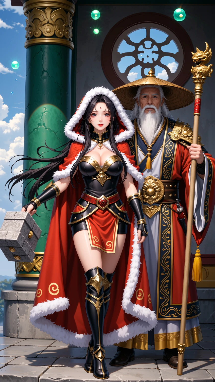 Red Riding Hood Warrior and Asian Sage in Ancient Temple