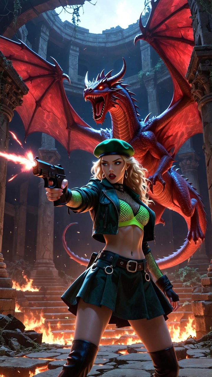 Dragon Hunter in Neon Combat Fantasy Temple