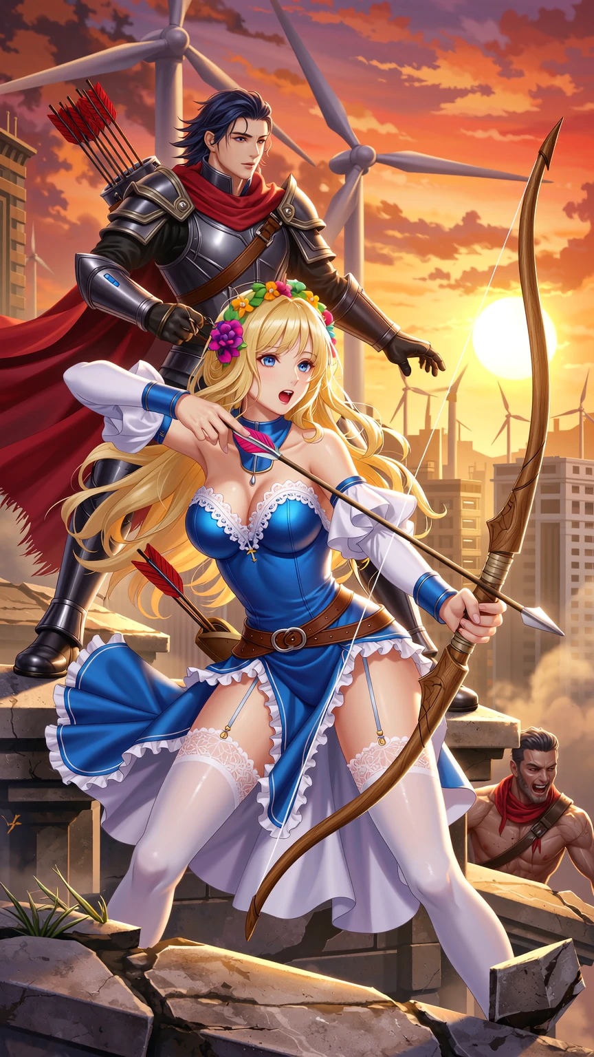Post-Apocalyptic Blonde Archer on Rooftop Sunset