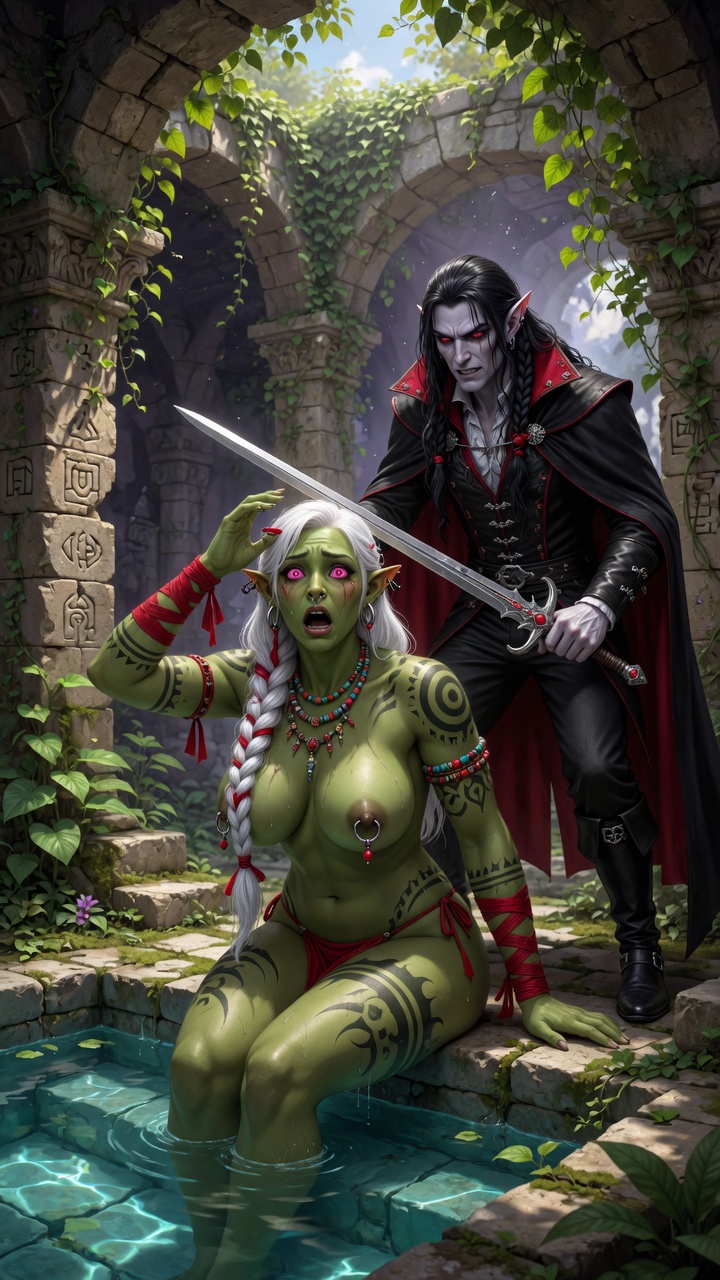 Orc Girl Threatened by Dark Elf in Ruins