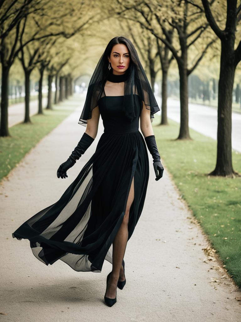 Elegant Brunette in Flowing Black Dress: Sunlit Park Stroll