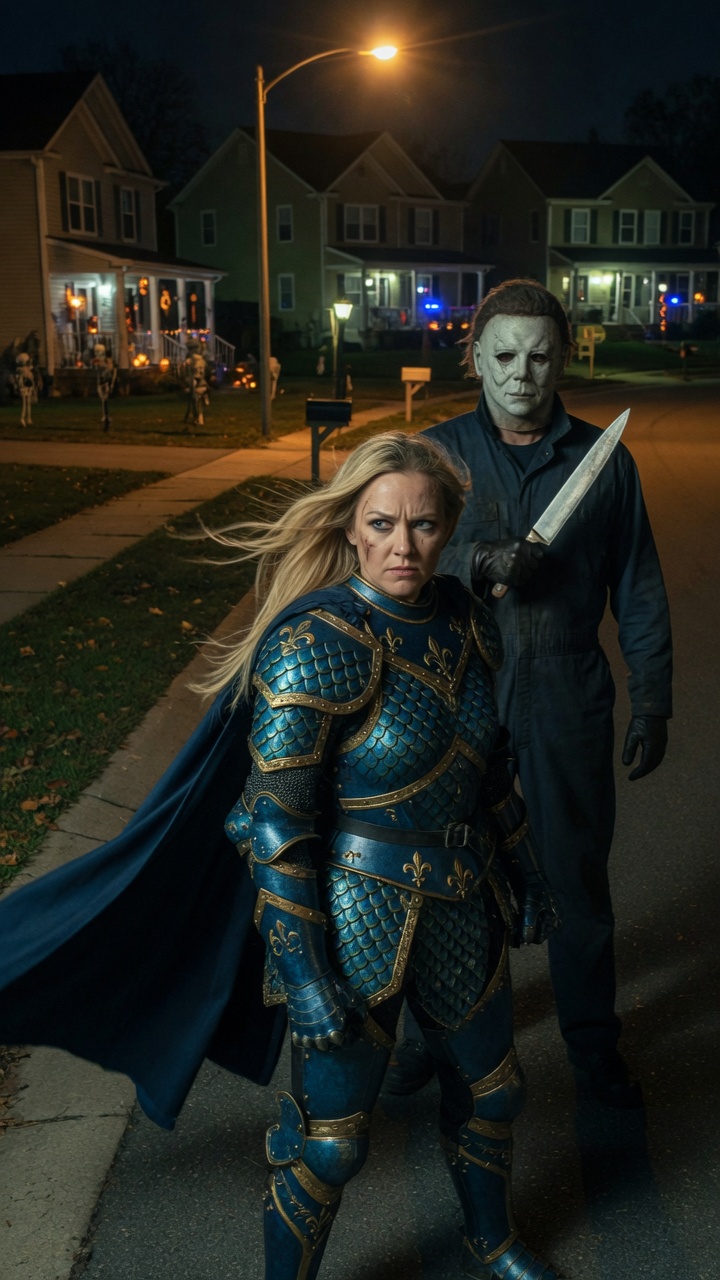 Blonde Knight Confronts Michael Myers in Suburbia