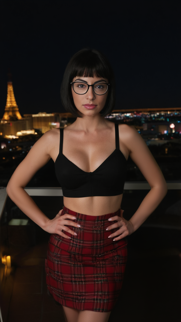 Night City Rooftop Portraits with Brunette in Glasses