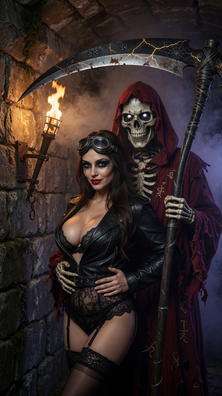 Brunette Seductress with Grim Reaper