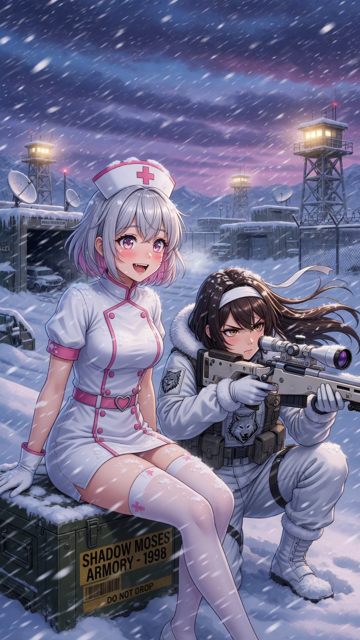 Nurse and Sniper Girls in Snowy Military Base