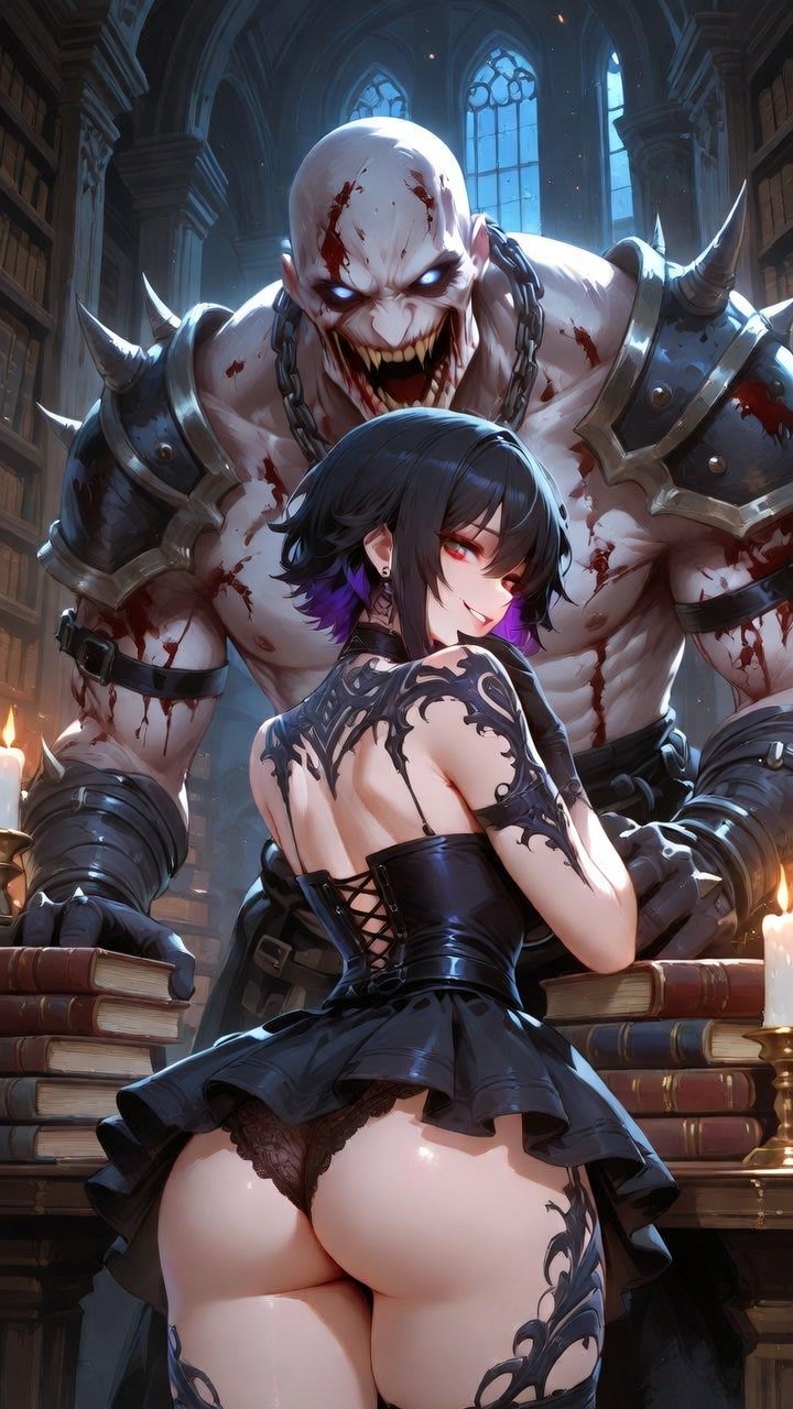 Gothic Anime Beauty with Undead Monster Guardian Library Fantasy Series