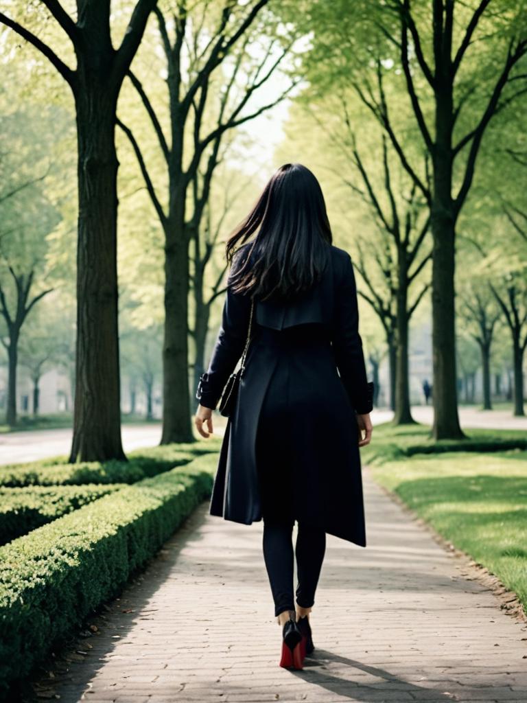 Elegant Brunette in Flowing Black Dress: Sunlit Park Stroll