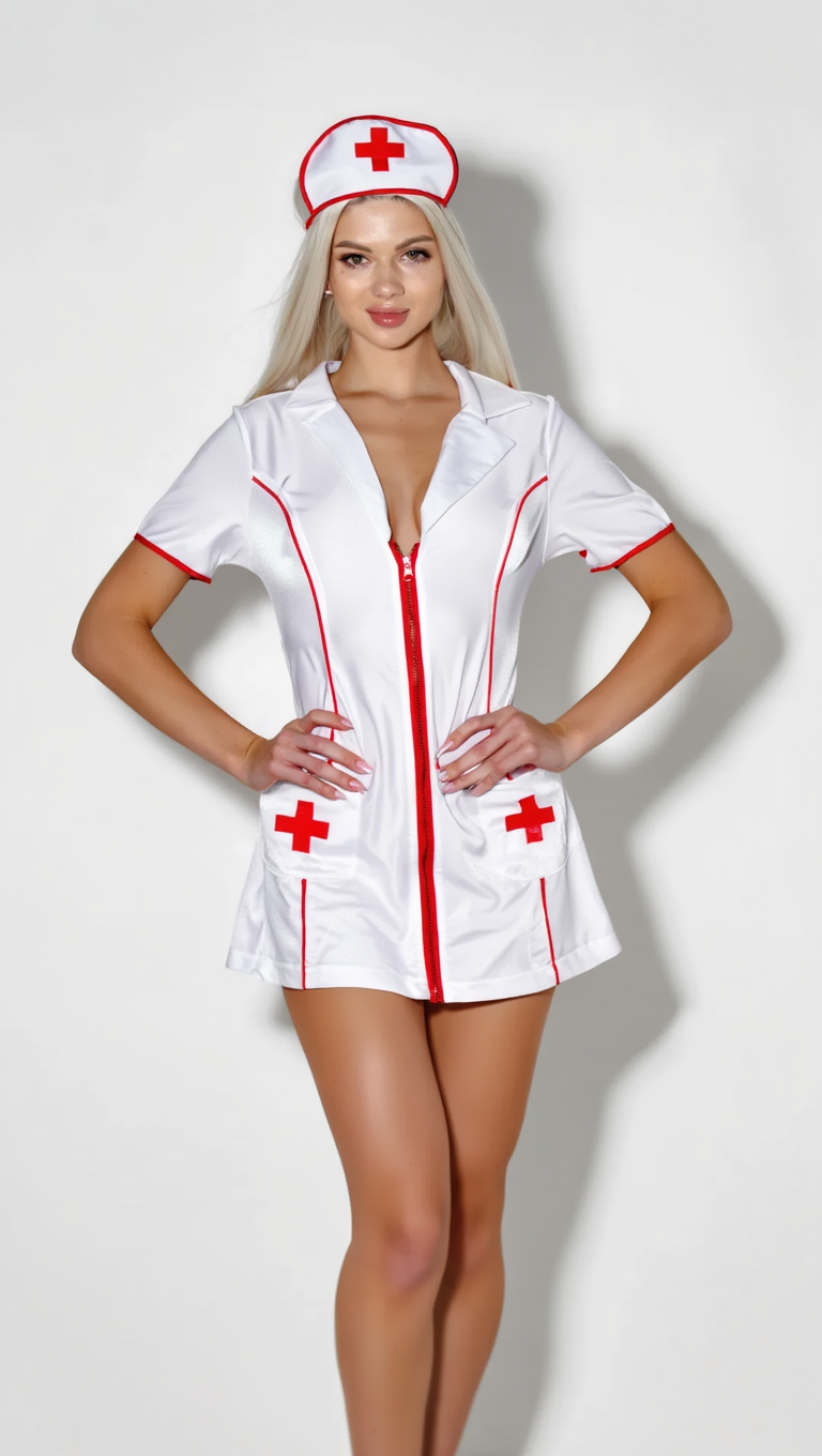 Playful Nurse Fantasy in Classic White and Red Outfit