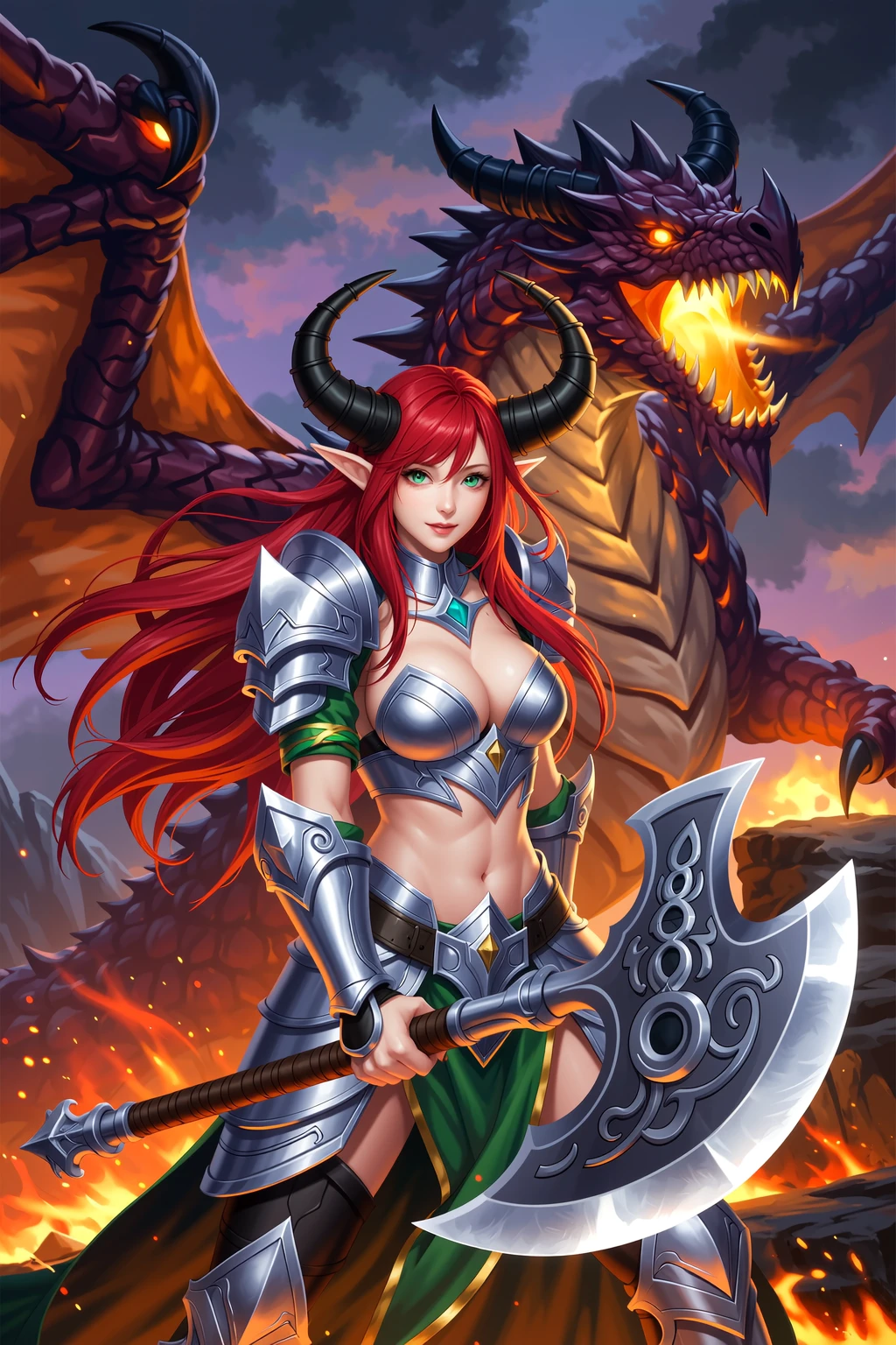 Horned Redhead Elf Warrior in Lava Realm
