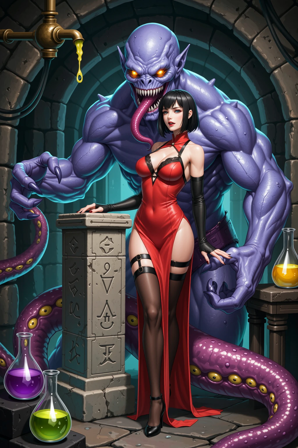 Seductive Brunette and Tentacle Monster in Dungeon