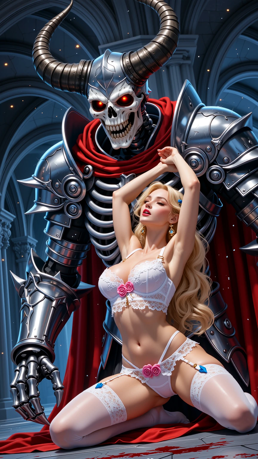 Blonde Lingerie Kneeling Before Skeleton Lord