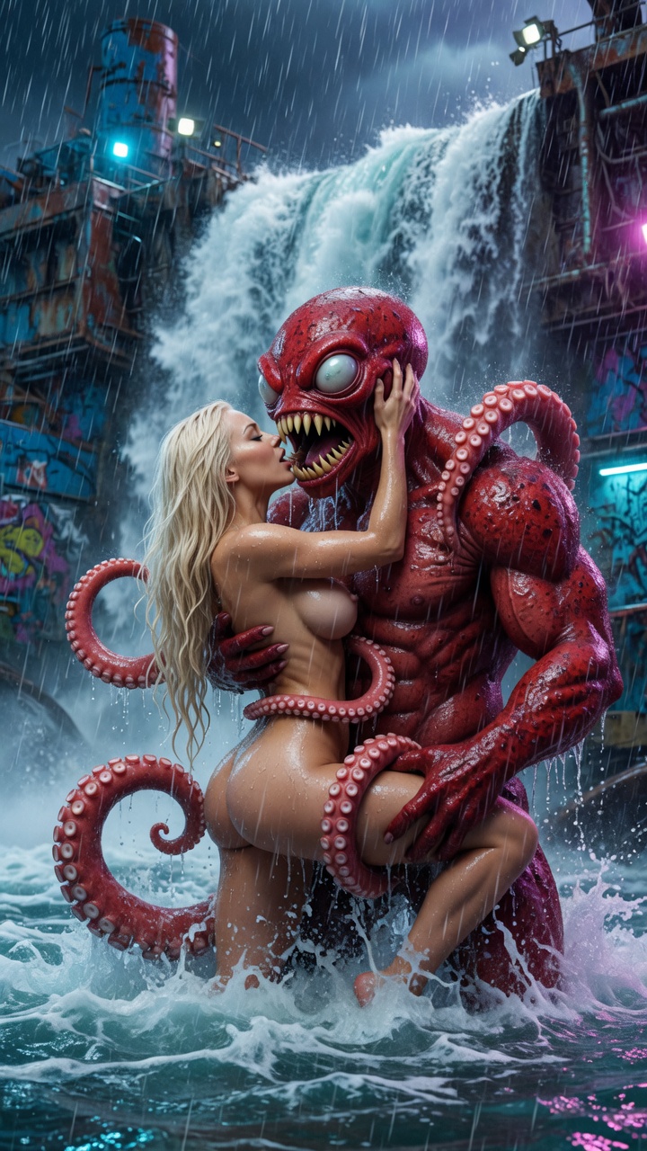 Blonde Nude Kisses Red Tentacle Monster in Rain