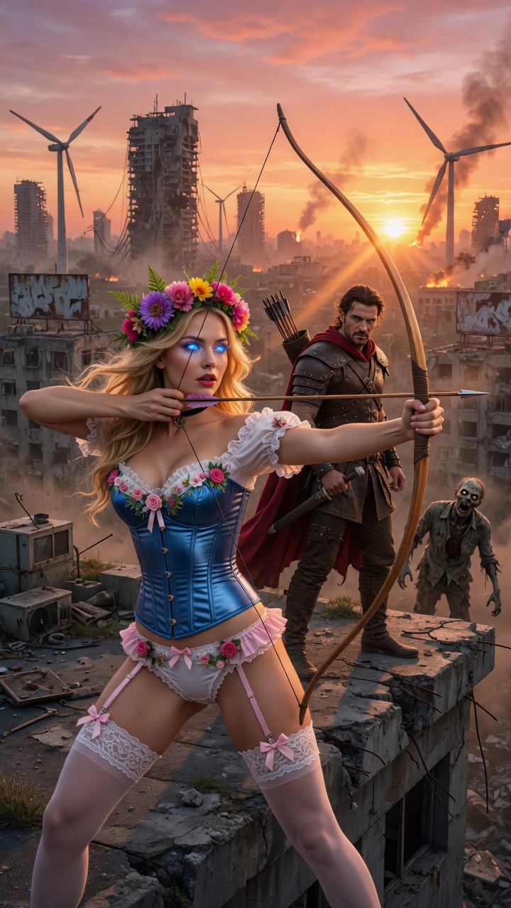 Post-Apocalyptic Blonde Archer on Rooftop Sunset