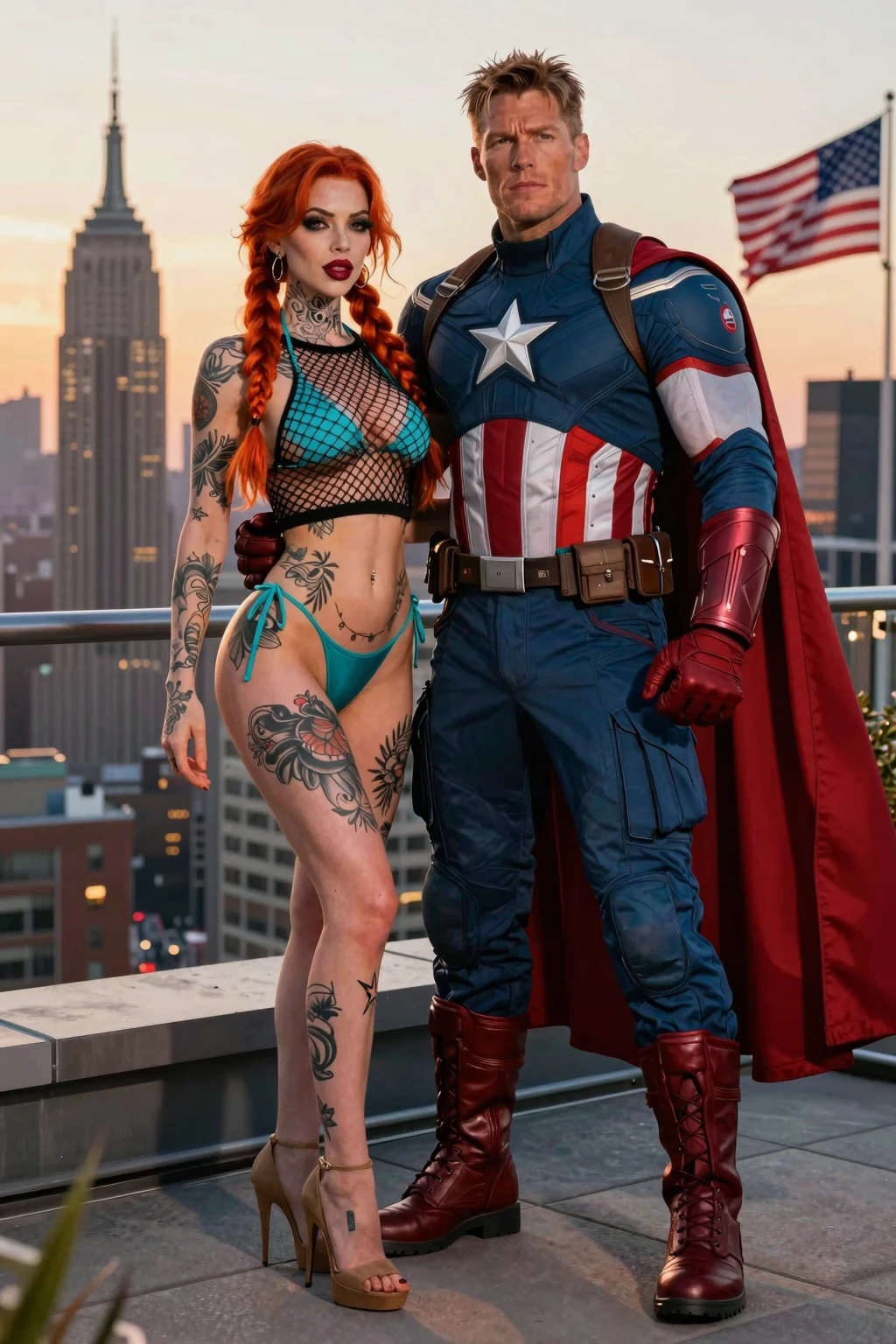 Redhead and Captain America Rooftop Duo