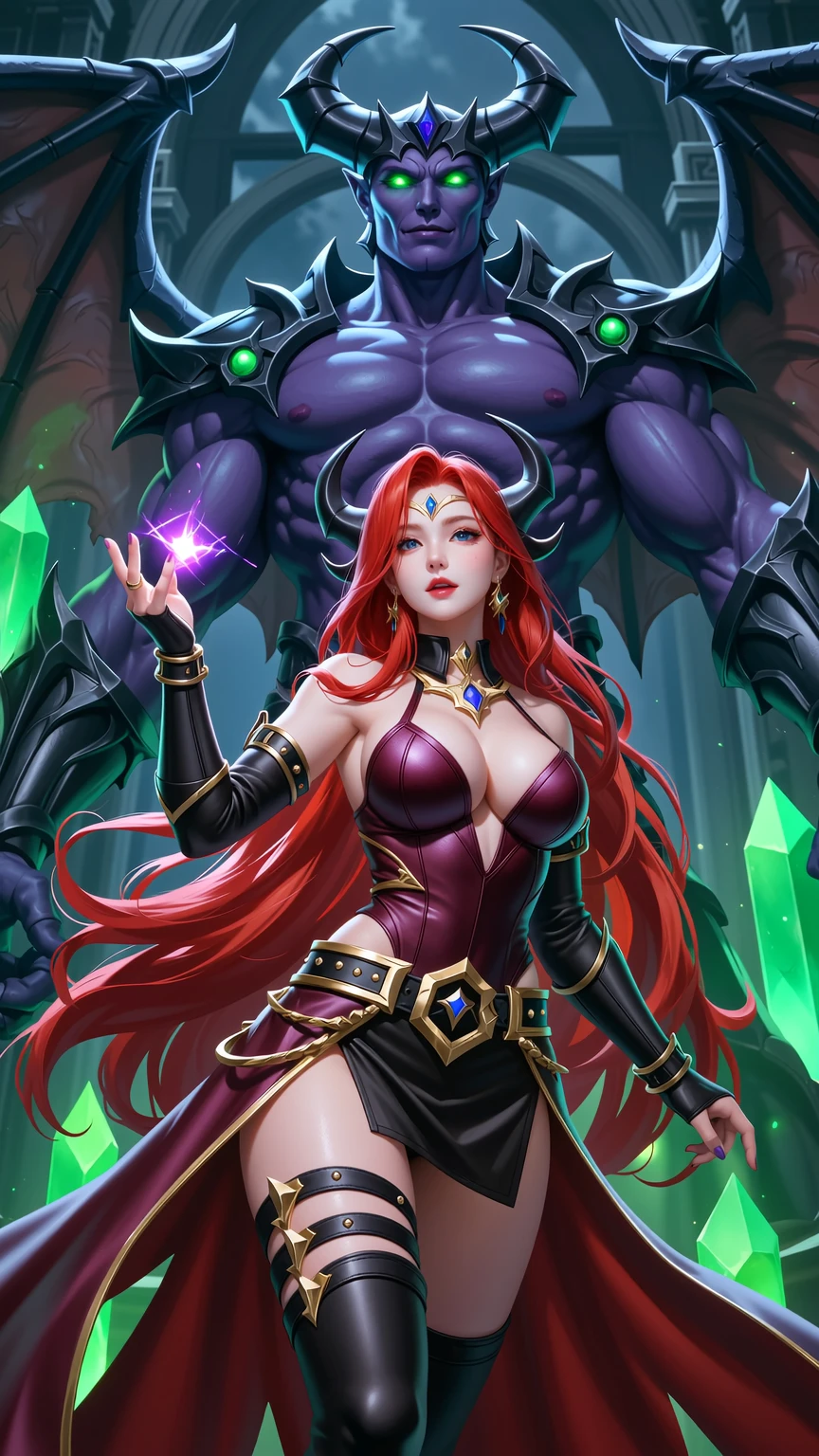 Crimson Sorceress Before Demonic Warlord Throne