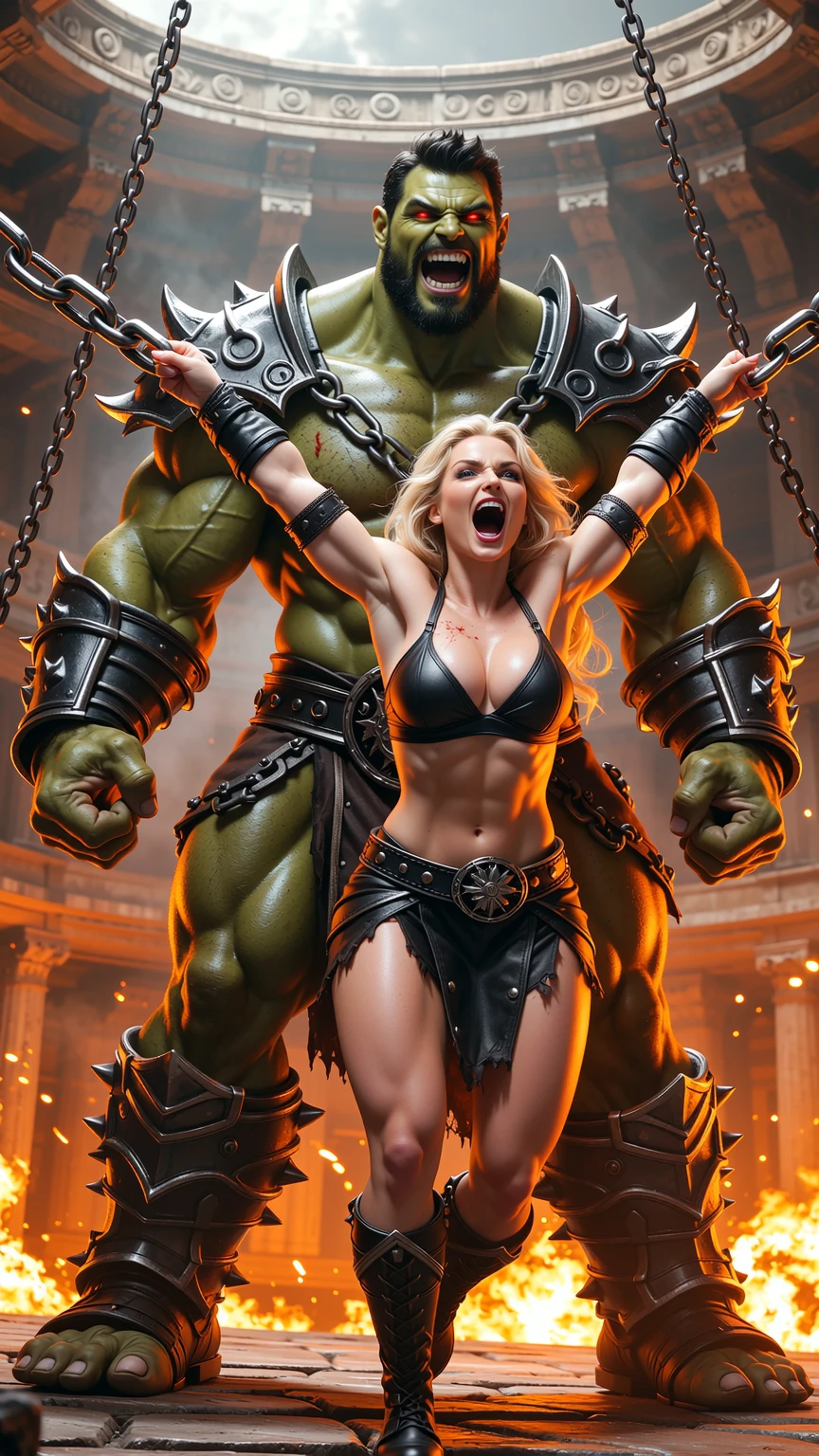 Massive Orc Crushes Blonde Warrior in Fiery Arena
