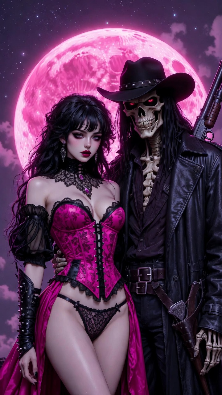 Gothic Vampire Queen and Undead Gunslinger Pink Moon Series