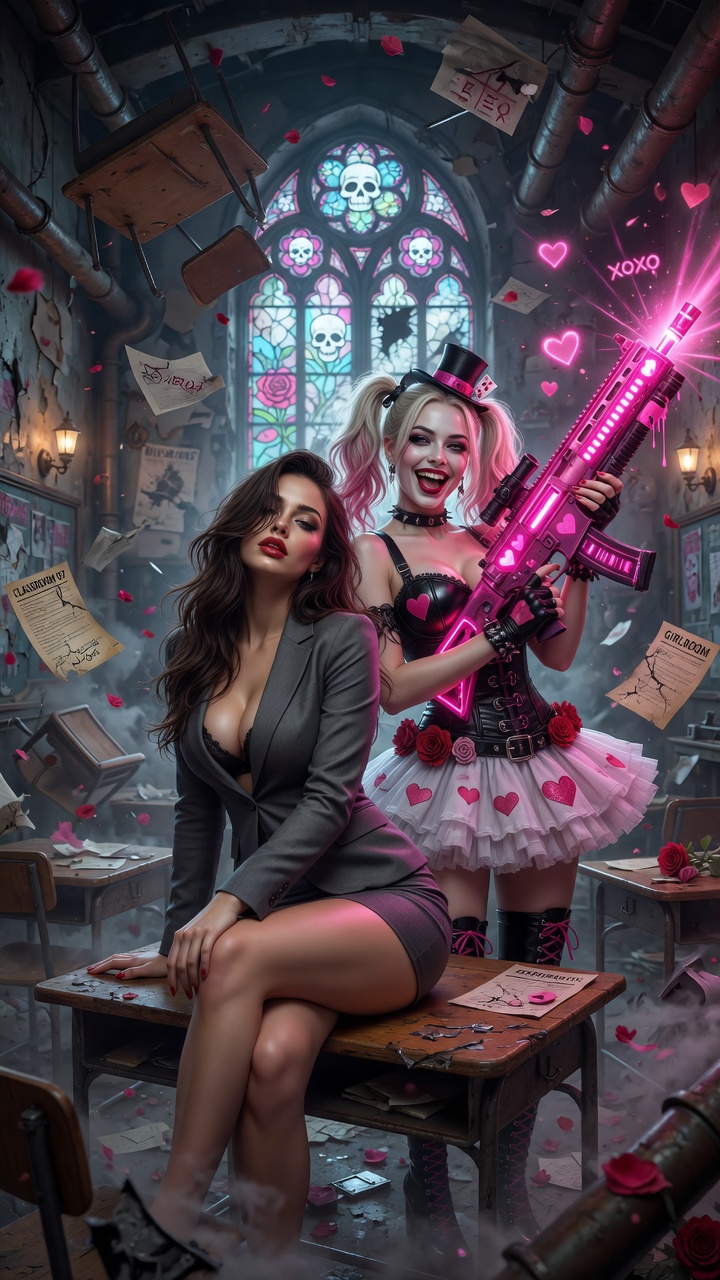 Seductive Businesswoman Posing with Harley Quinn