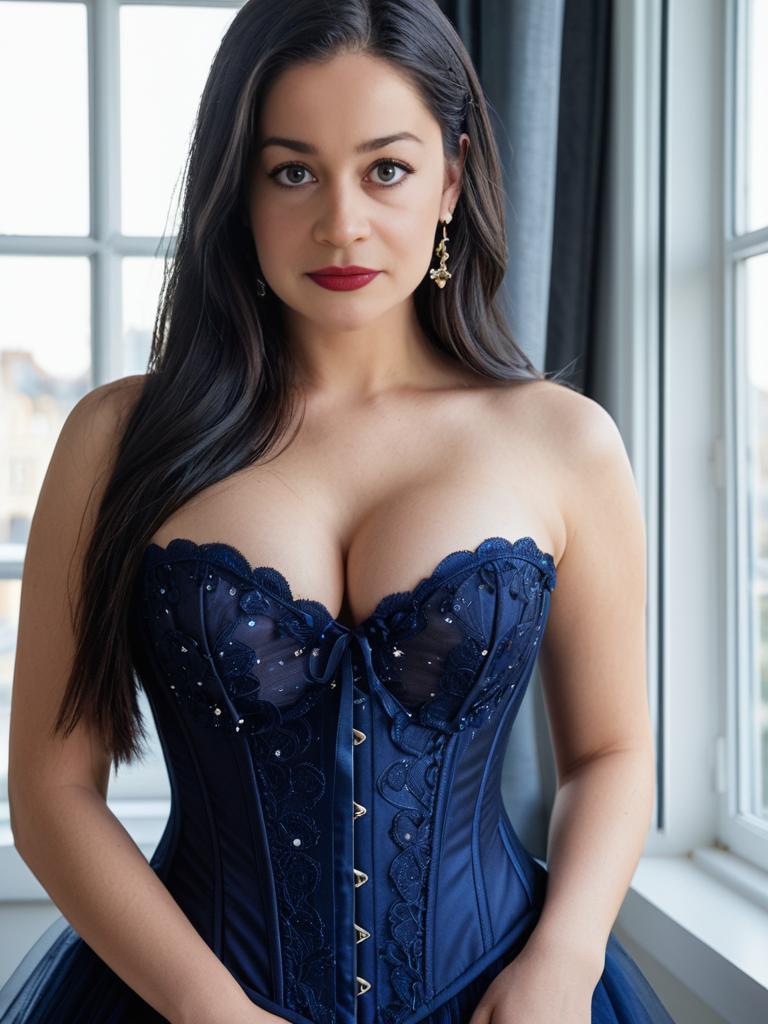 Midnight Blue Corset Elegance by the Window Light