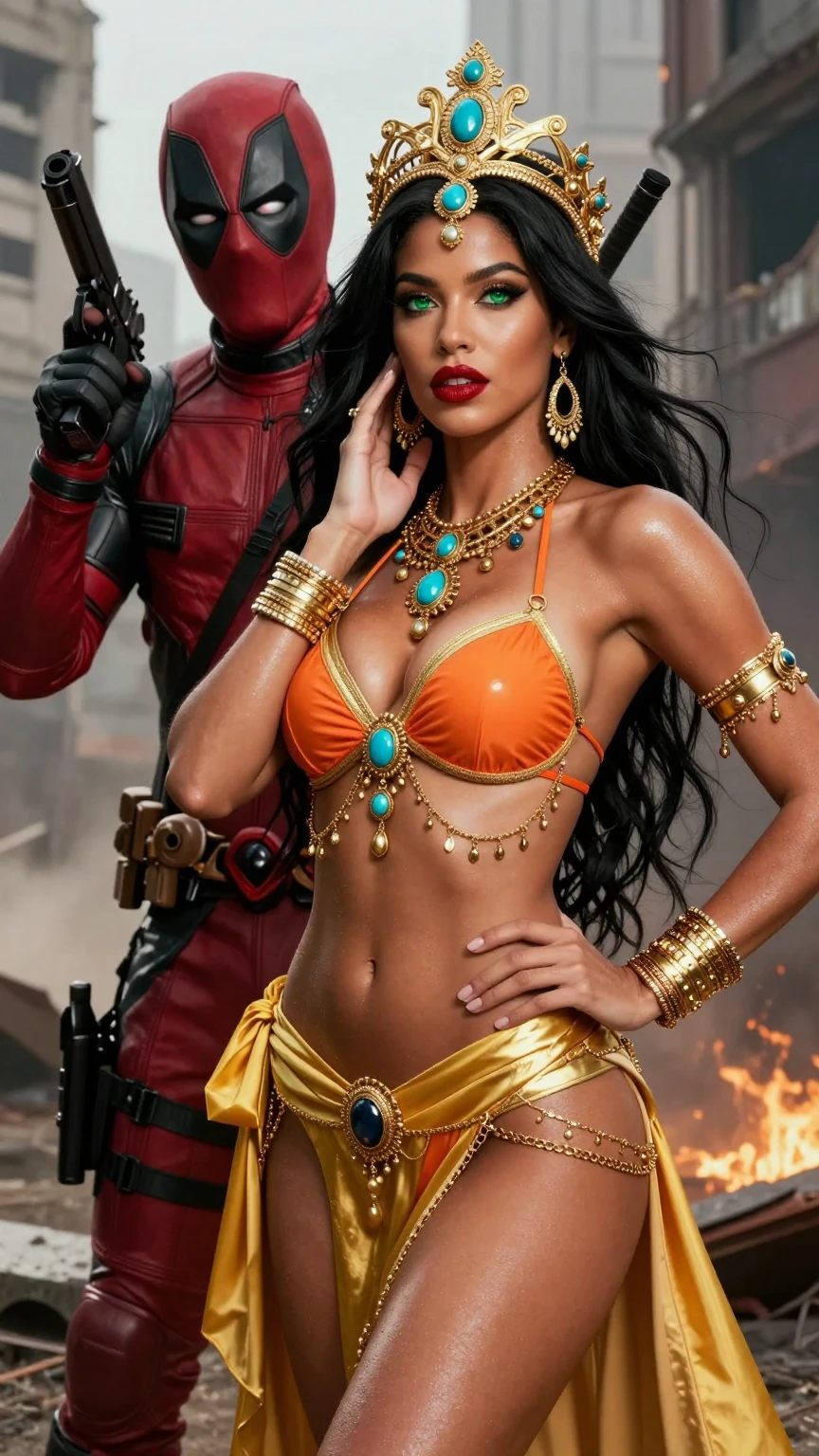 Exotic Golden Queen Posing with Deadpool in Ruins